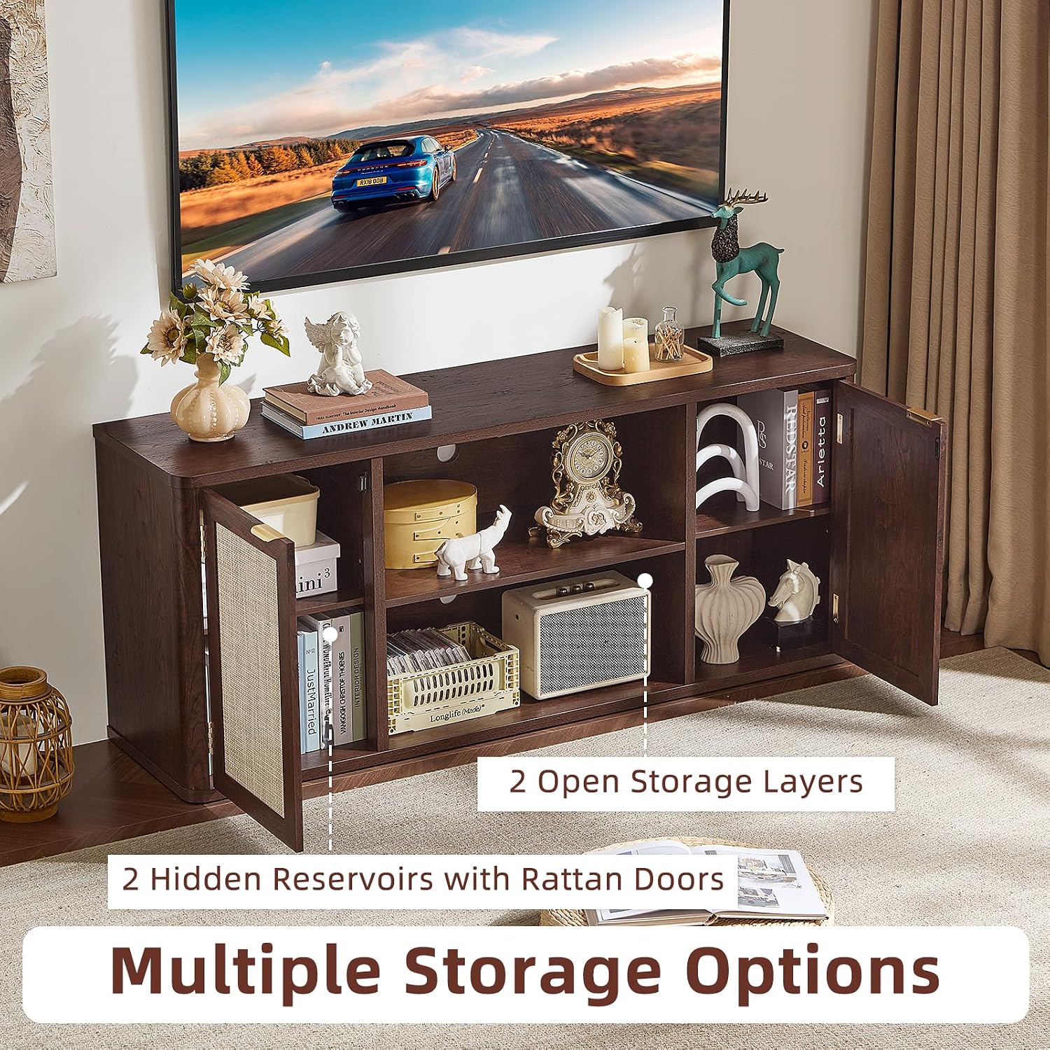 LEYAOYAO Rattan TV Stands for Living Room, Walnut