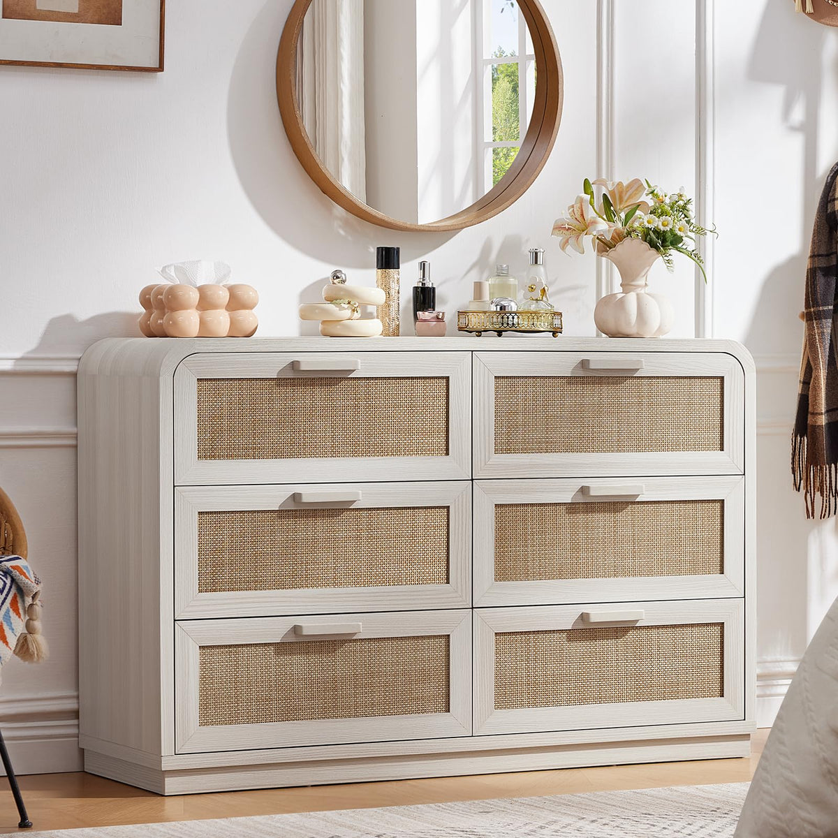 LEYAOYAO Curved Boho Dresser & Nightstand Set of 3, Natural Wood