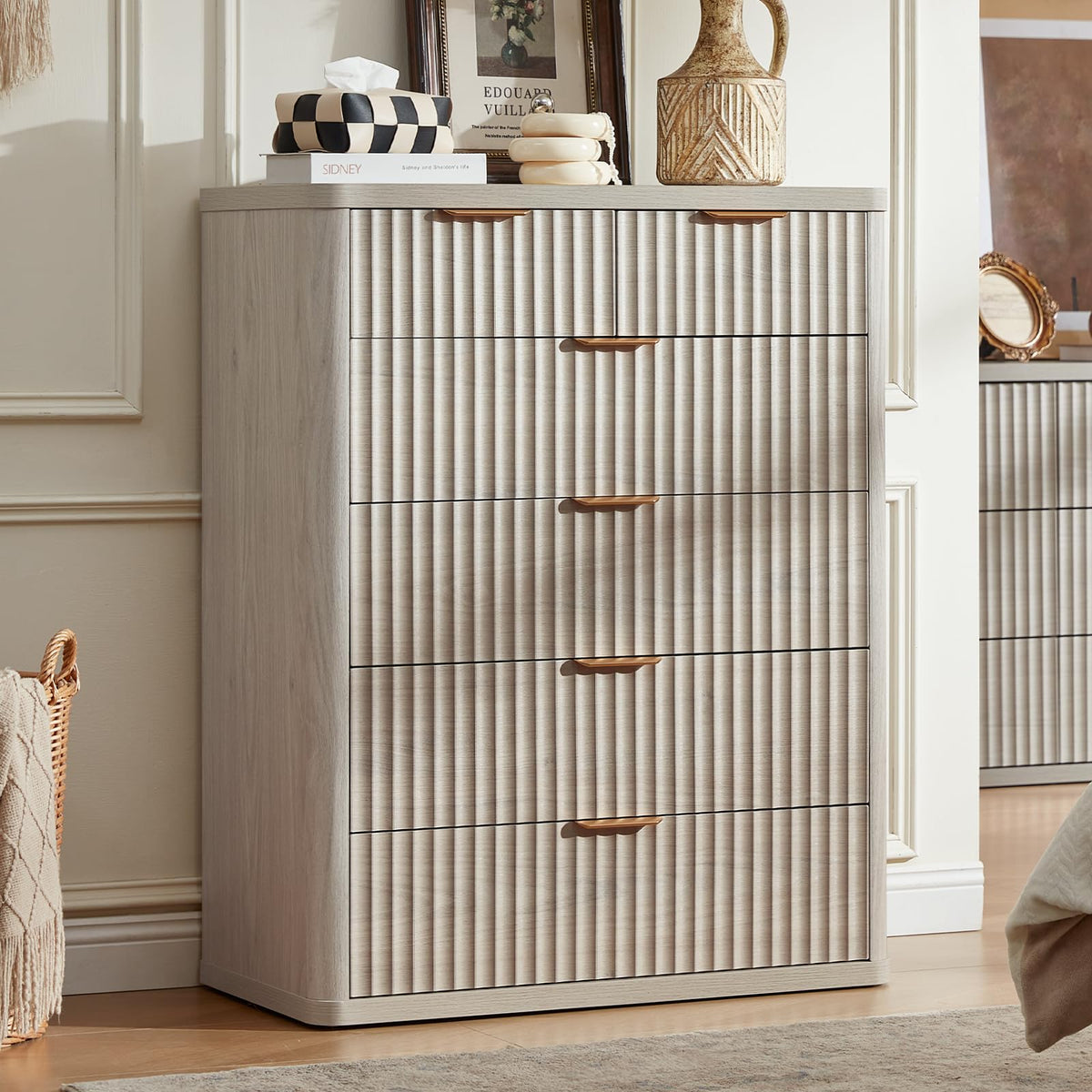 LEYAOYAO Fluted 6 Drawers Dresser for Bedroom Set of 2, 42" Tall Modern Chest of Drawer with Metal Handle, Curved Profile Design,Brown Wood Drawer Organizer for Bedroom, Living Room, Hallway