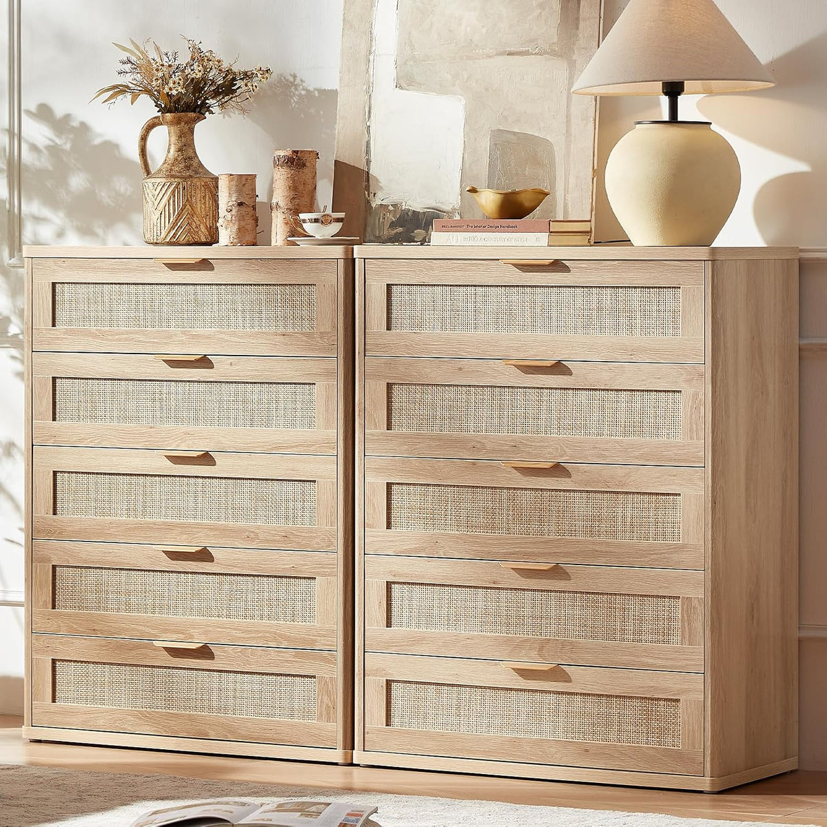 LEYAOYAO Rattan 23" Nightstands with Charger Station 2 Drawers