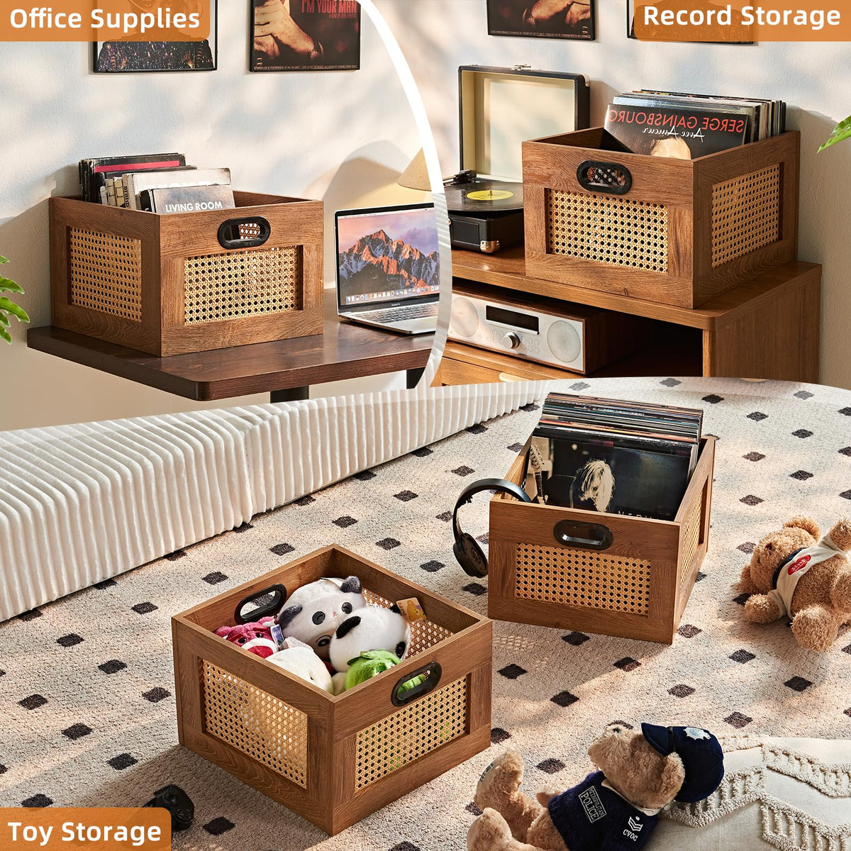 LEYAOYAO Vinyl Record Storage, Rattan Record Crate for Vinyl Albums Holder