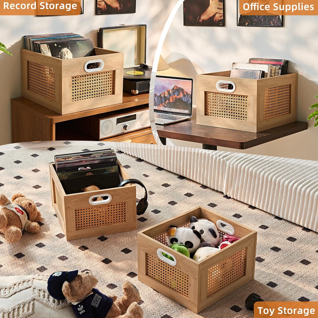 LEYAOYAO Vinyl Record Storage, Rattan Record Crate for Vinyl Albums Holder