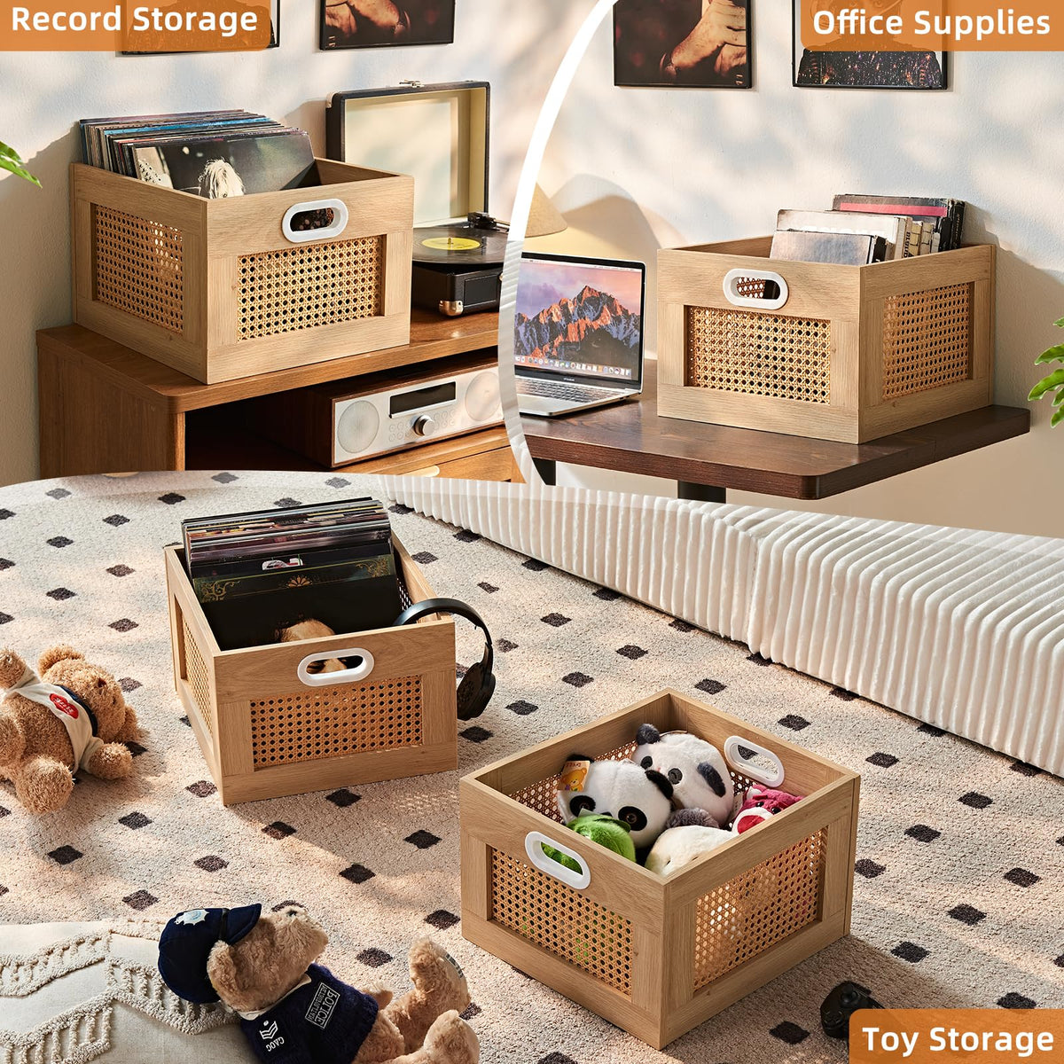 LEYAOYAO Vinyl Record Storage, Rattan Record Crate for Vinyl Albums Holder