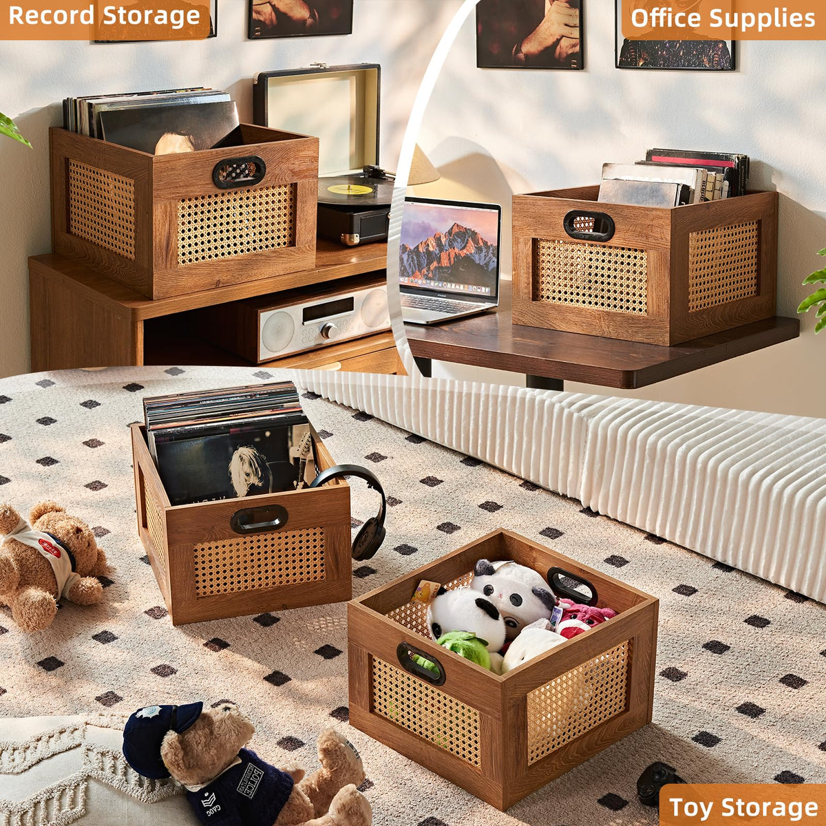 LEYAOYAO Vinyl Record Storage, Rattan Record Crate for Vinyl Albums Holder
