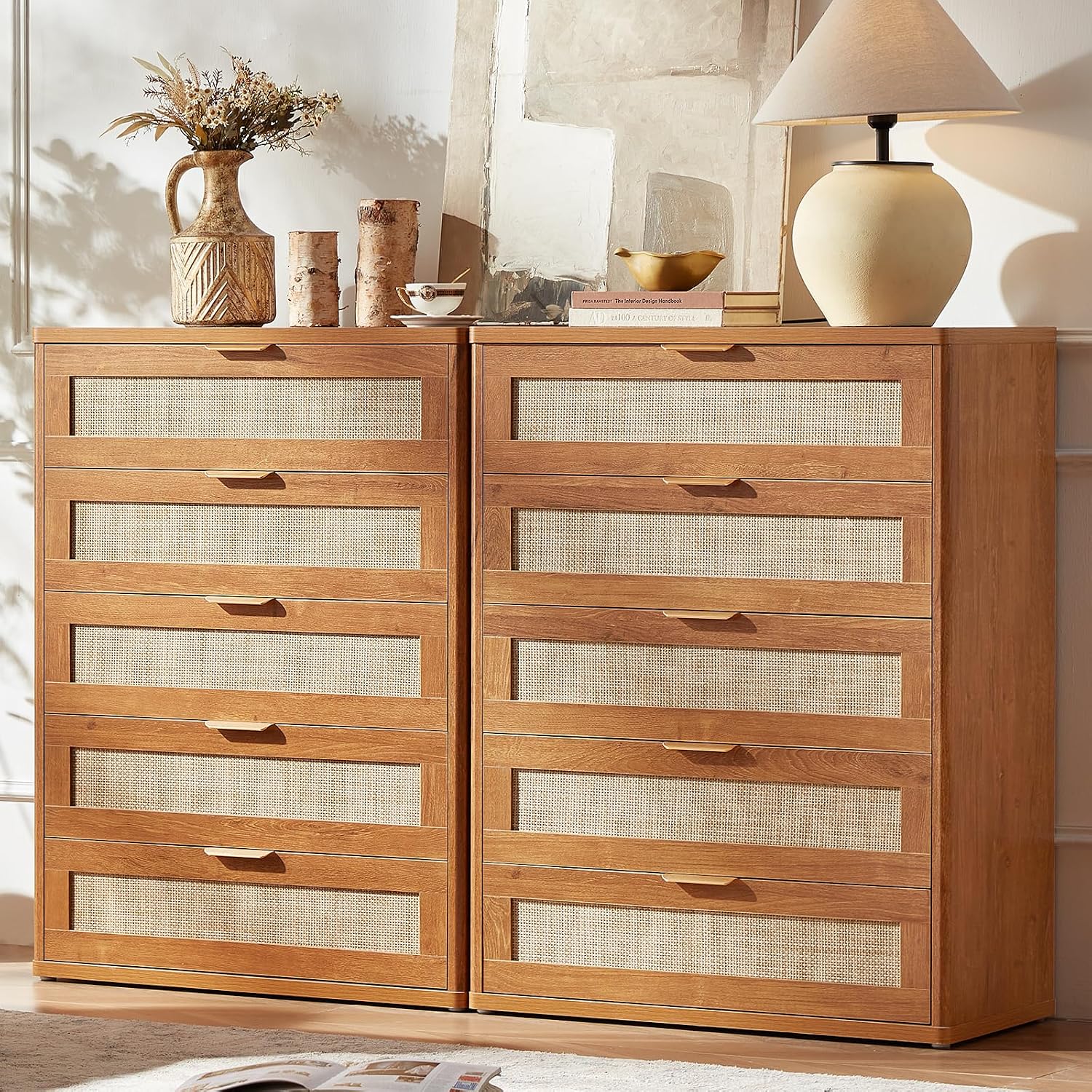 LEYAOYAO Rattan 23" Nightstands with Charger Station 2 Drawers