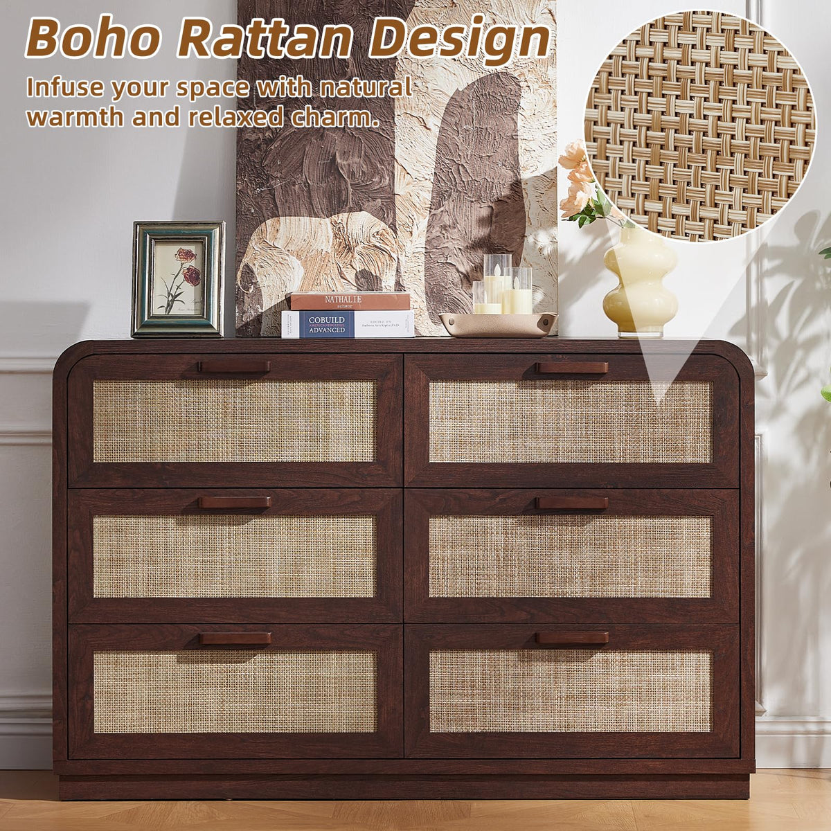 LEYAOYAO Rattan Nightstands Set of 2 with Charging Station, Natural
