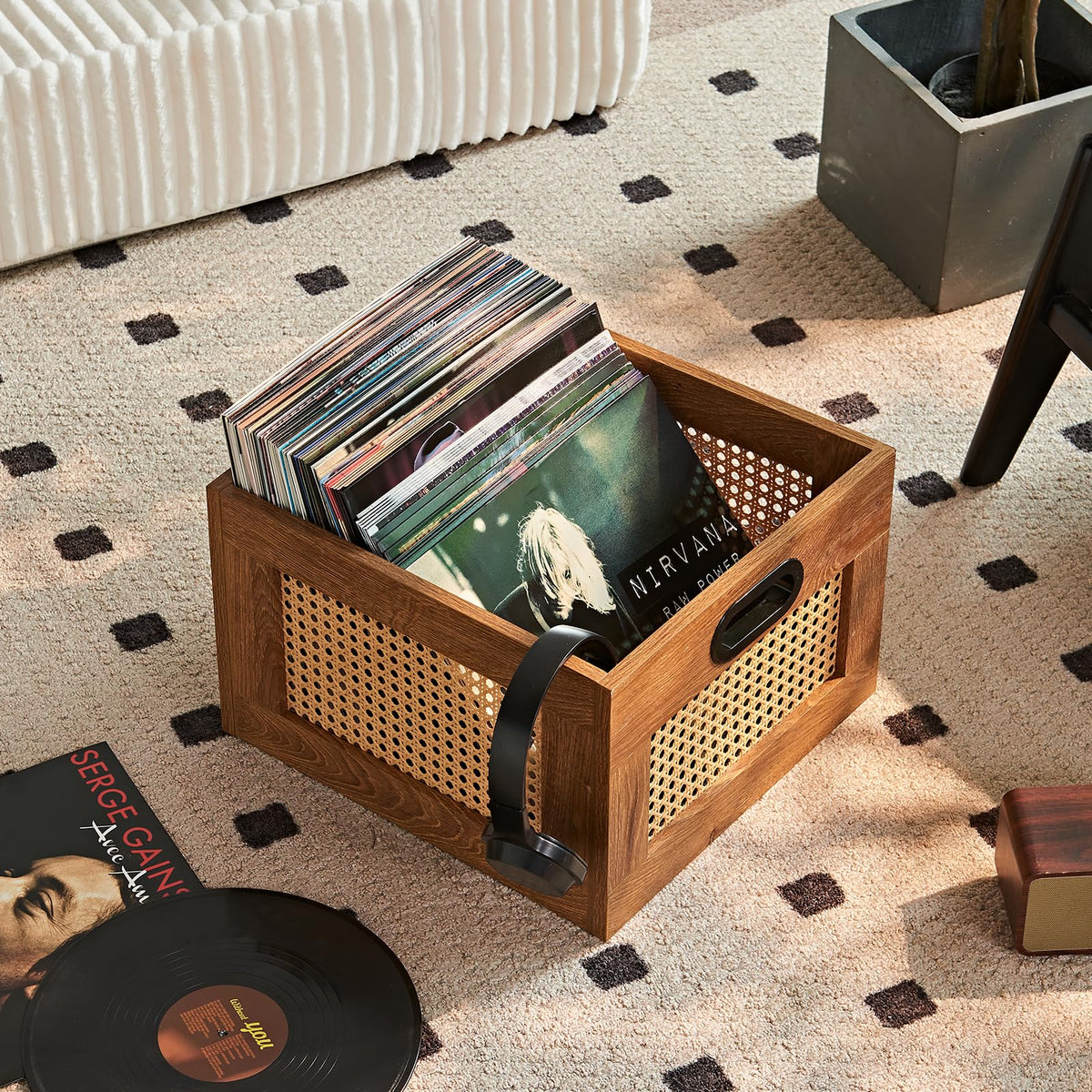 LEYAOYAO Vinyl Record Storage, Rattan Record Crate for Vinyl Albums Holder