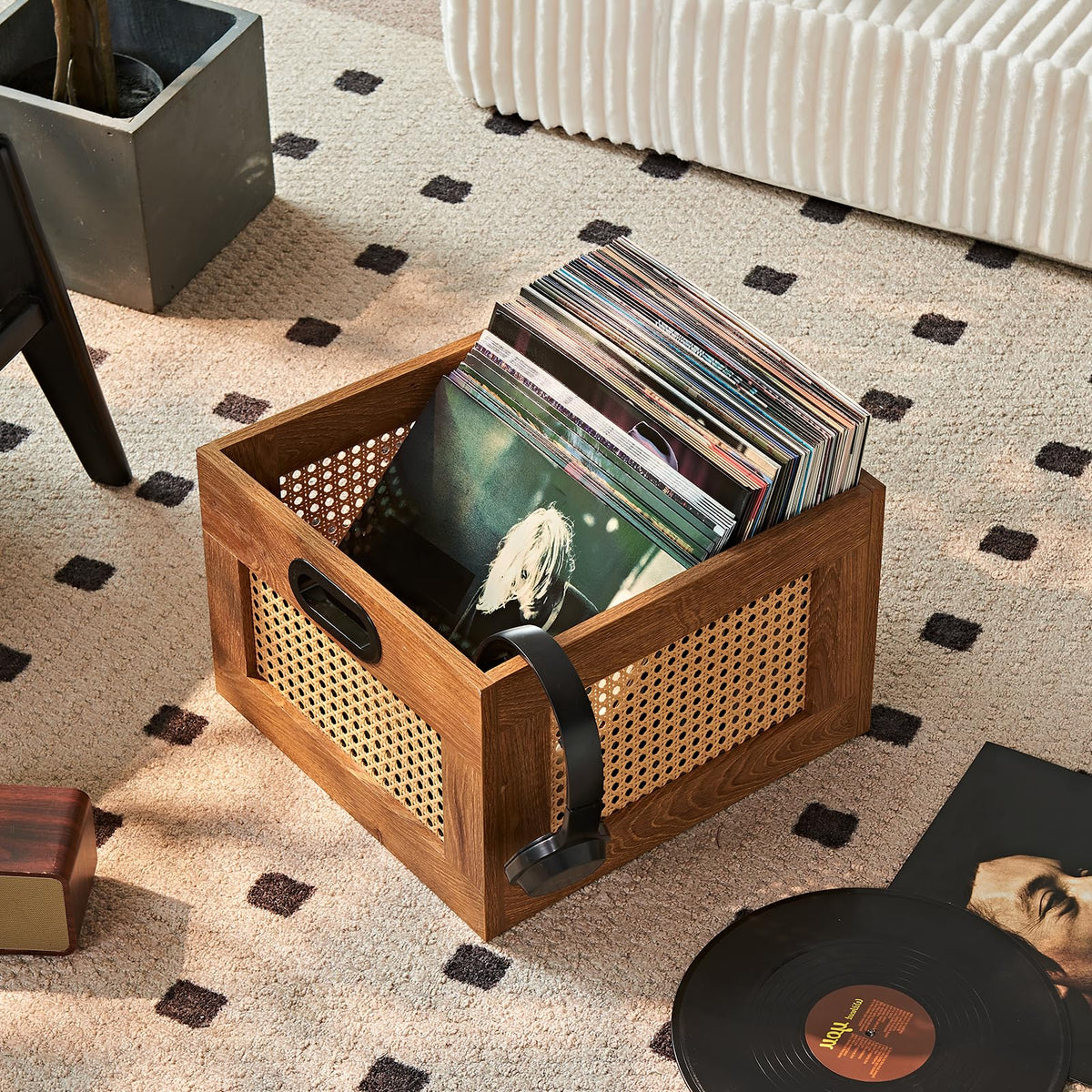 LEYAOYAO Vinyl Record Storage, Rattan Record Crate for Vinyl Albums Holder
