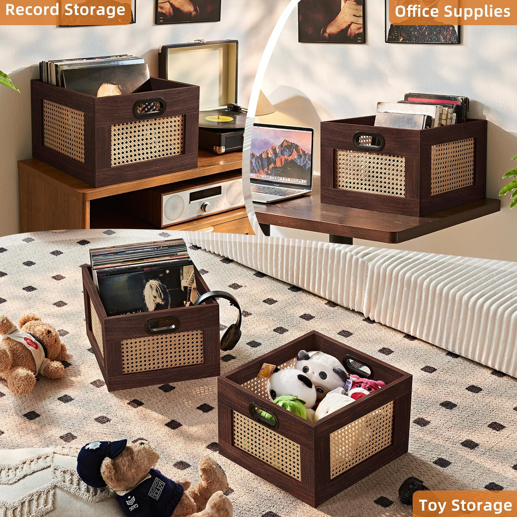 LEYAOYAO Vinyl Record Storage, Rattan Record Crate for Vinyl Albums Holder