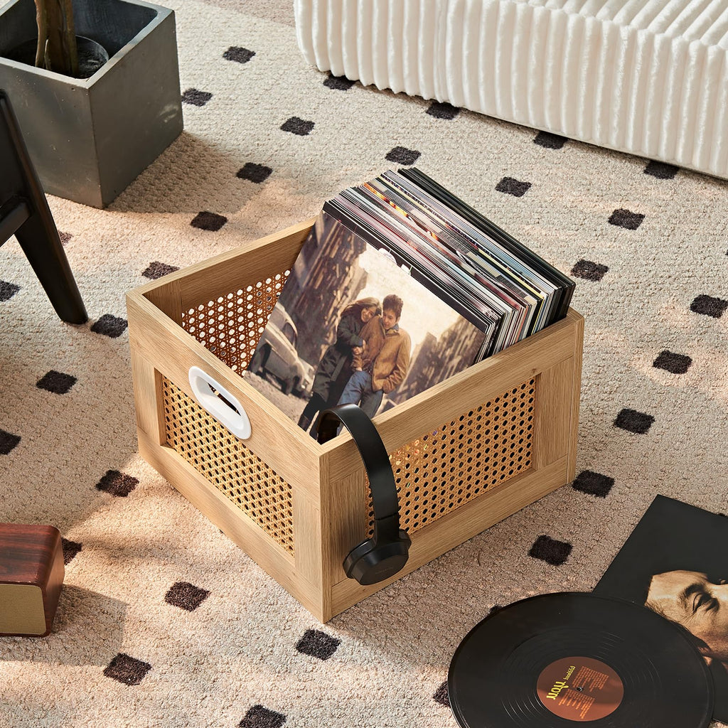 LEYAOYAO Vinyl Record Storage, Rattan Record Crate for Vinyl Albums Holder