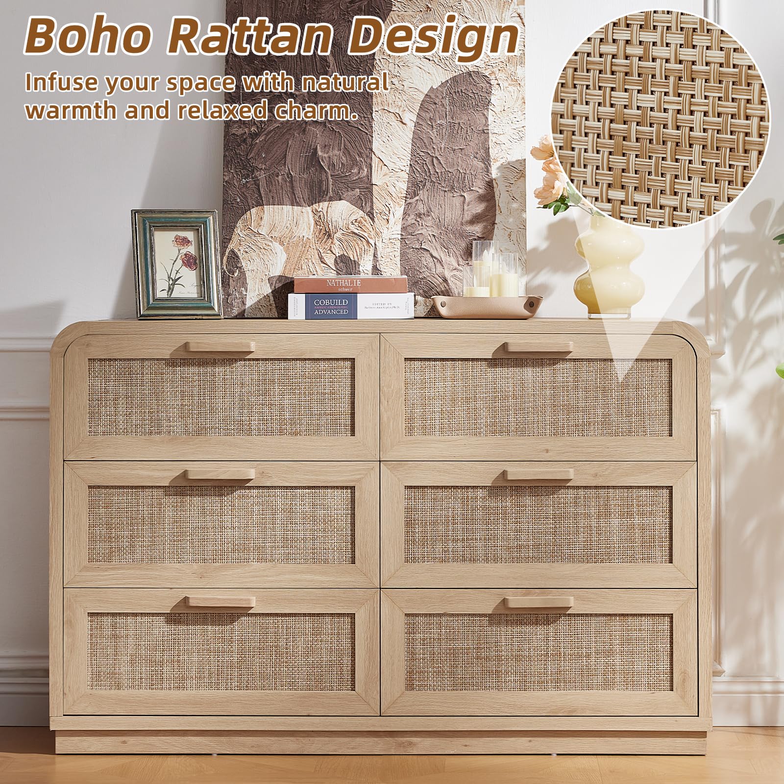 LEYAOYAO Rattan Nightstands Set of 2 with Charging Station, Natural