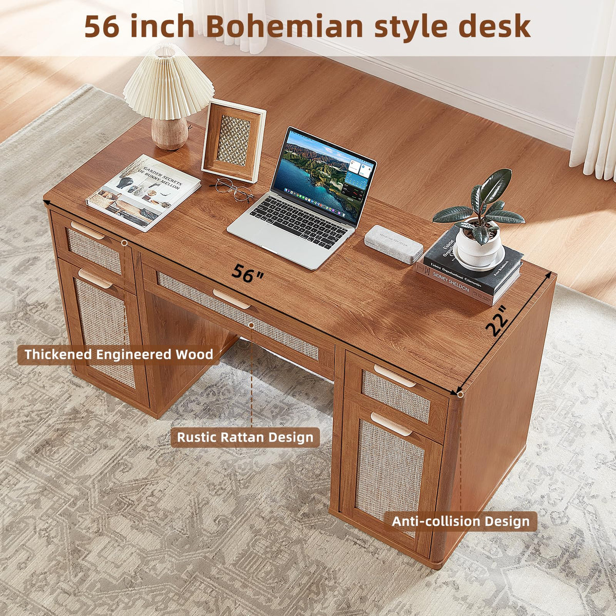 LEYAOYAO Office Desk 56" with 5 Drawers Storage File Cabinet, Natural